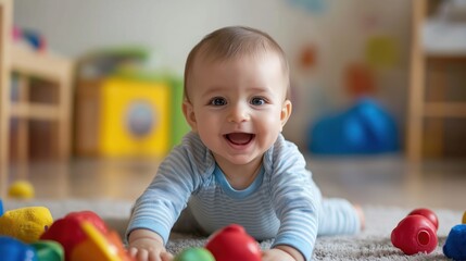Baby boy playing in the kids room -