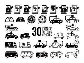 30 High-Quality Electric Vehicle Icons  Perfect for Websites, Apps, and Presentations. Downloadable vector graphics of charging stations, electric cars, trucks, and buses.