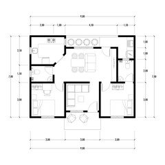 Black and White floor plan of a modern unfurnished house for your design. Suburban house vector blueprint. Architectural background.