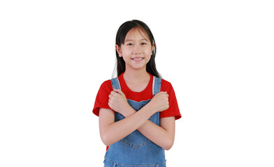 Portrait of Asian preteen girl crossed hands posture on chest isolated on white background. Happy kid show arms x sign and looking camera.
