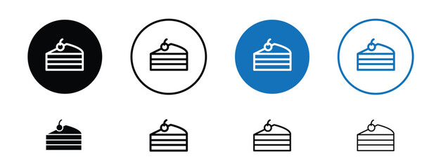 Set of 5 pixel perfect colored Cake slice icon with 1 unexpanded, 1 silhouette, Slice of layered cake with frosting and a cherry on top.