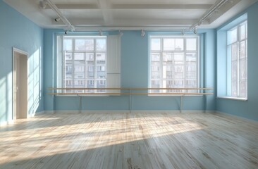 Empty dance studio with barre and windows