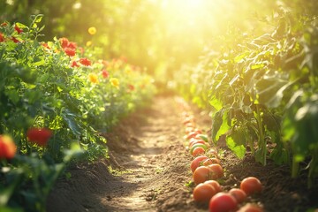 A thriving vegetable garden featuring orderly rows of tomatoes, carrots, and lettuce, encircled by colorful blooming flowers under warm golden sunlight,  created by ai