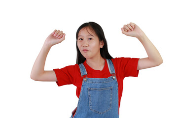 Portrait of cheeky face Asian girl child raised hands up posture isolated on white studio background.