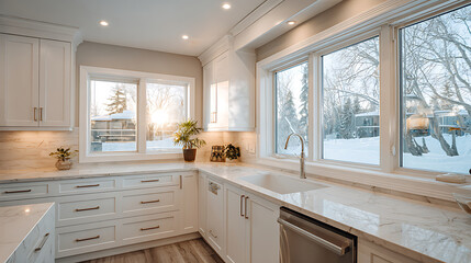 Contemporary minimalist kitchen interior with white cabinetry and marble countertops, morning sunlight streaming through large windows, clean Scandinavian design aesthetic with natural lighting.