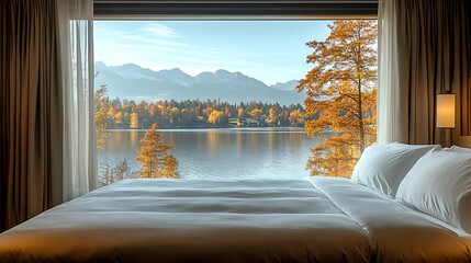 Lake view bedroom with autumn colors