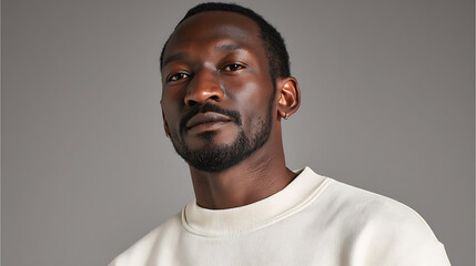 Obraz premium Stylish black male model wearing trendy sweatshirt posing in studio with neutral expression, clean grey background and professional lighting setup.