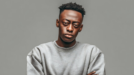 Fototapeta premium Stylish black male model wearing trendy sweatshirt posing in studio with neutral expression, clean grey background and professional lighting setup.