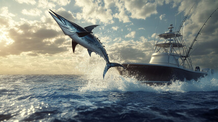 Fototapeta premium Hyper-realistic 3D render of a giant marlin leaping out of the ocean beside a boat, splash frozen mid-air