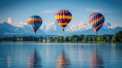 Obraz premium Colorful hot air balloons over a serene lake and mountains.