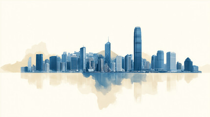 Hong kong city skyline with Asia sleek silhouettes on white background 