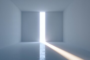 A minimalist architectural rendering shows a bright light source emanating from a vertical opening in an otherwise empty, white room.