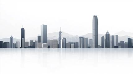 Hong kong city skyline with Asia sleek silhouettes on white background 