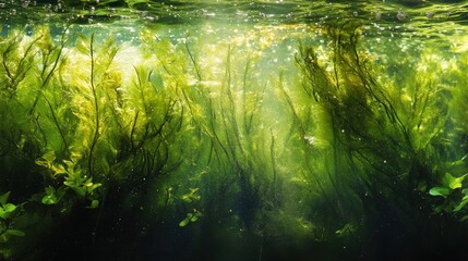 Submerged aquatic plants and sunlight beneath the water surface
