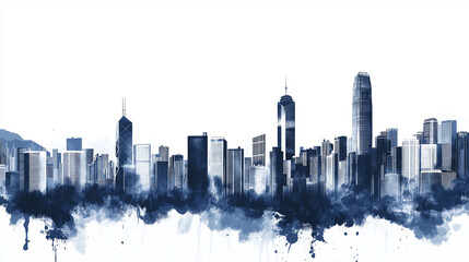 Hong kong city skyline with Asia sleek silhouettes on white background 