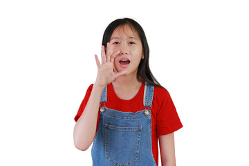 Portrait of Asian young girl with hand cupped to his mouth and shouting or whispering an exciting secret, on white background.