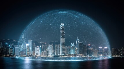 Hong kong city protected by a dome at night