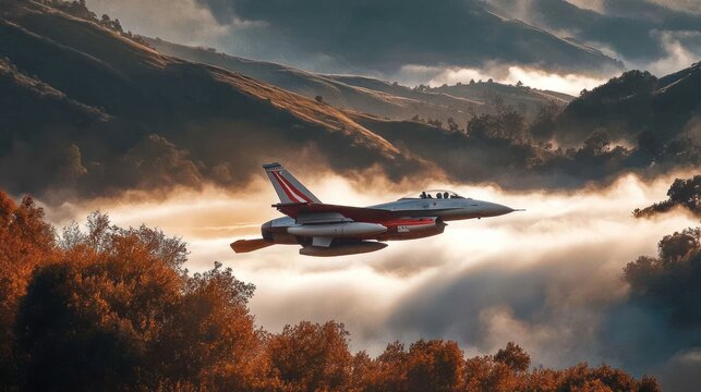 Aesthetic flyby: F-16 fighter jet soars through misty mountain landscape
