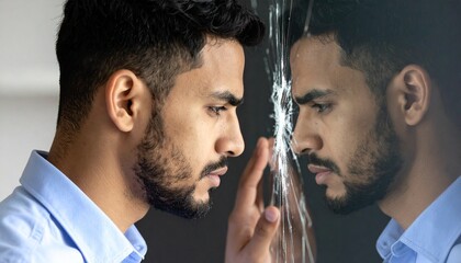 Man Facing Cracked Reflection, Identity Crisis Concept