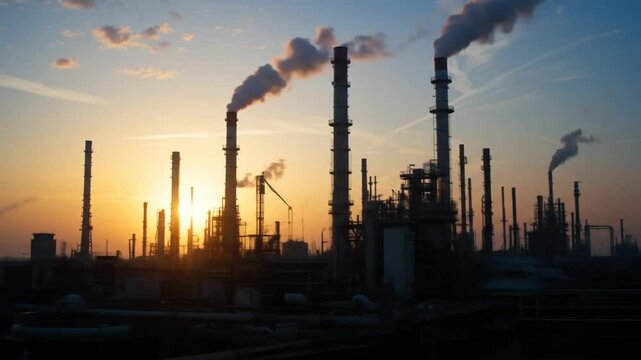 Industrial refinery with smokestacks and pipes silhouetted against a dramatic sunset sky. 4k video