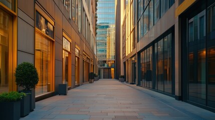Fototapeta premium Architectural perspective of a modern urban street at golden hour showcasing business buildings