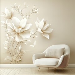 Elegant cream-toned magnolia blossom wall art with a minimalist armchair