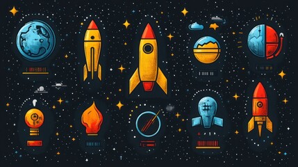 Space exploration icons doodle style
