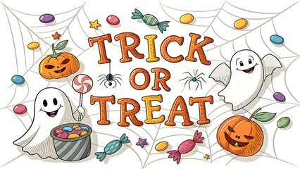Fototapeta premium Colorful and cheerful halloween illustration featuring ghosts pumpkins candy and spiders