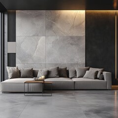Modern living room with grey sectional sofa, stone wall, and sleek coffee table