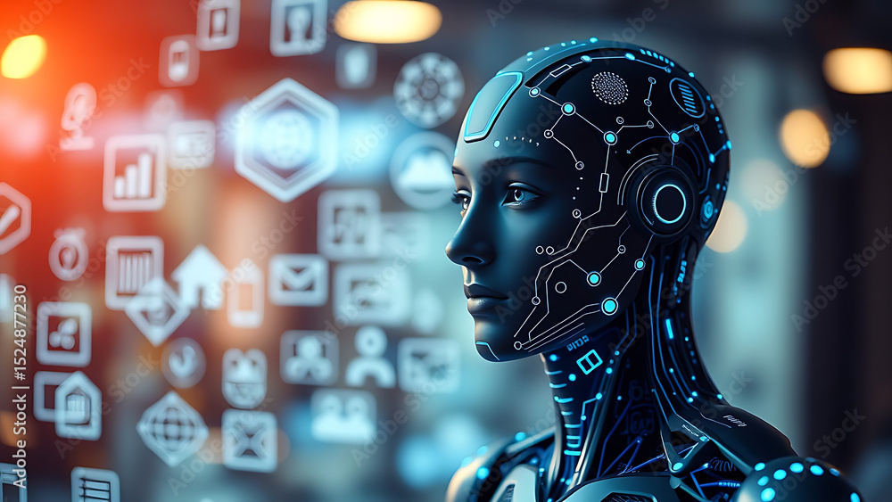 Aufkleber exploring the impact of artificial intelligence through various icons representing technology and co