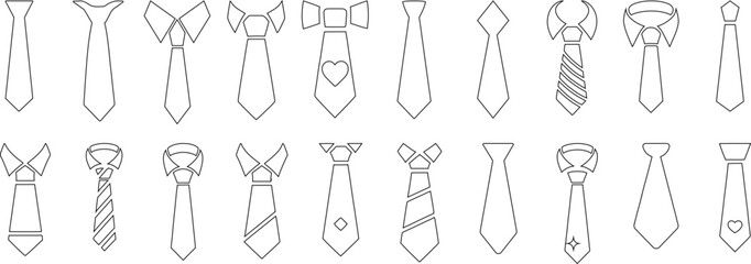 Vector tie icon set line art features 20 unique necktie designs, perfect for office, fashion, and business themes. Includes various tie patterns, bows, and necktie styles for creative use