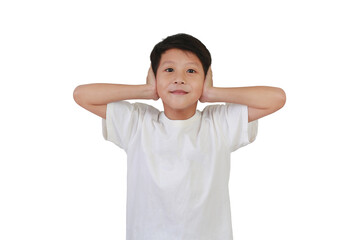 Asian little boy blocking loud with hands covering ears isolated on white studio background.