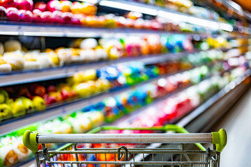 A shopping cart by a store shelf in a supermarket