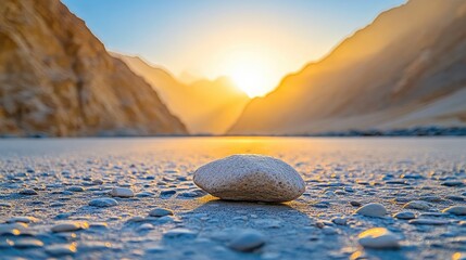 A large, light-colored rock sits on a pebbled shoreline at sunset.