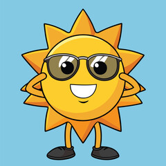 Fototapeta premium A cheerful cartoon sun wearing sunglasses and smiling against a light blue background