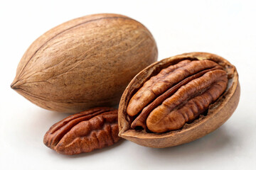 Two Pecan Nuts, One Cracked Open Showing Nut Inside on White Background