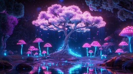 Enchanting luminous forest with neon glow mushrooms and magical tree scenery