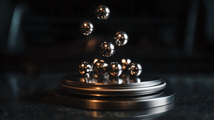 Strong rare-earth magnet levitating metallic spheres in midair, demonstrating magnetic force and physics concept, science experiment or educational demonstration.