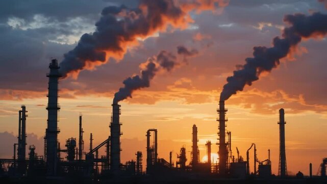 Industrial refinery with smokestacks and pipes silhouetted against a dramatic sunset sky. 4k video