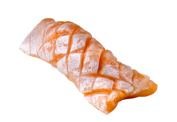Fresh Salmon Belly Sashimi with Decorative Scoring on White Background.