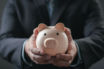 A person in a suit holds a piggy bank, symbolizing savings, finance, and financial planning.