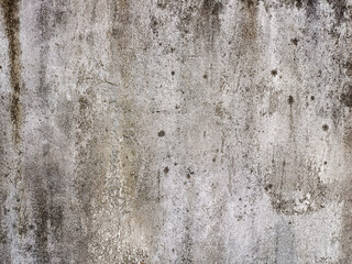 Obraz premium A weathered and stained concrete wall, displaying a distressed texture. The surface is predominantly light gray, with significant dark brown and black streaks. Represents distressed textures