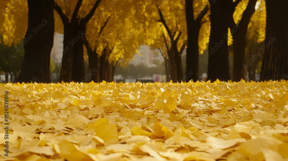 Poster serene autumn scene featuring path lined with vibrant yellow leaves, creating warm and inviting