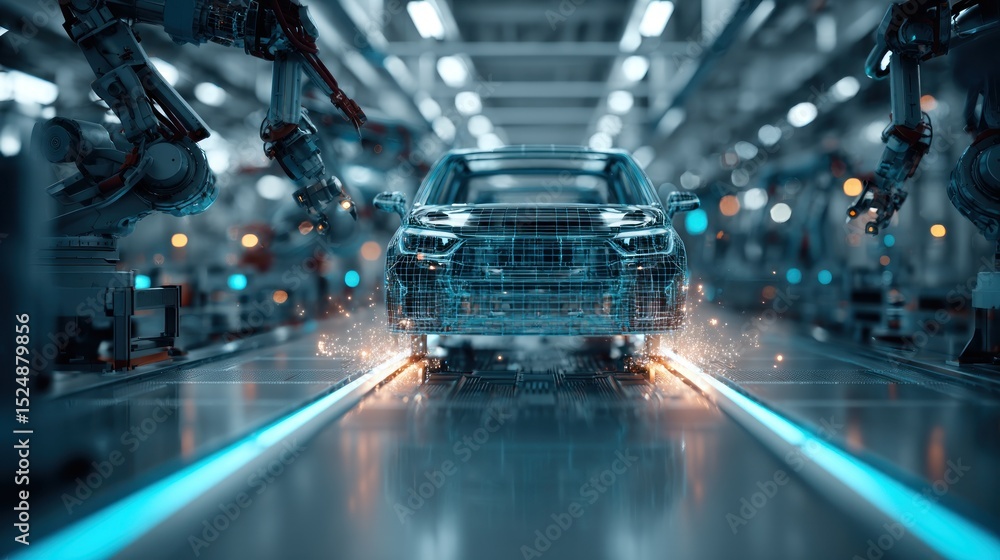 Poster robots assembling a car on an automated production line