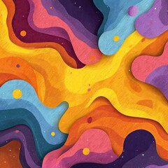 Abstract colorful layered design with swirling shapes and celestial elements