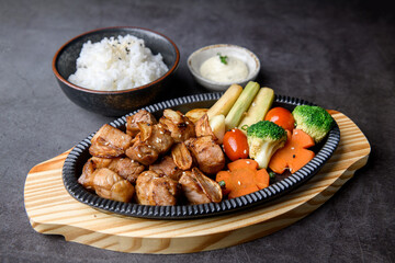 Japanese-Style Pork Steak Cubes with Rice and Vegetables