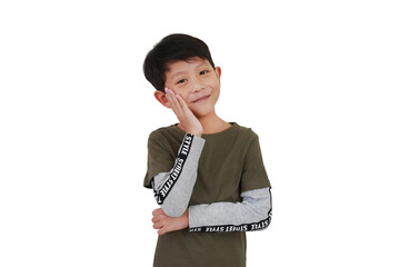 Portrait of smiling Asian boy kid age 7-8 years old touching his cheek posture isolated on white background.