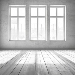 Sunlit empty room with three large windows and wooden floor