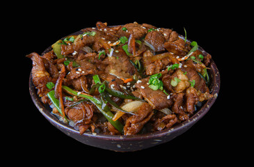 Stir-Fried Beef Rice Bowl with Soy Sauce and Scallions.