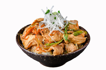 Japanese Ginger Pork Rice Bowl with Scallions.